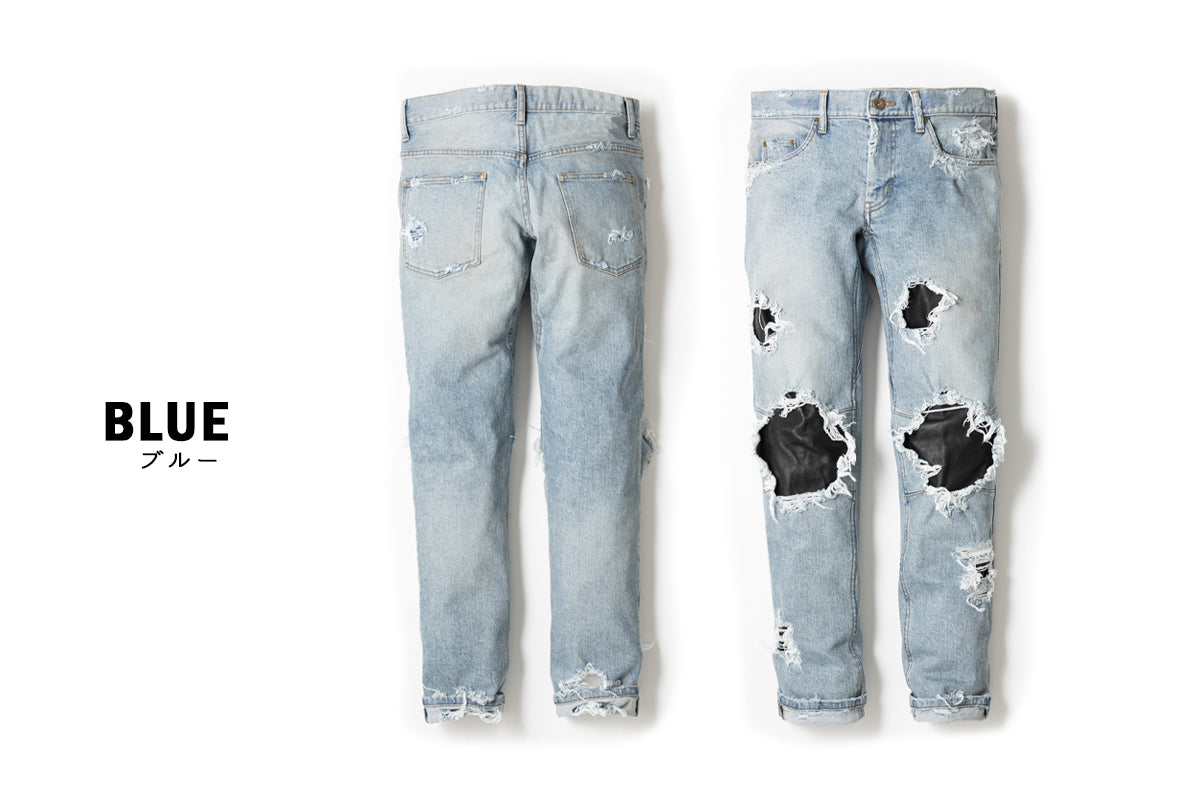 LEATHER IN CRASH DENIM PANTS  / レザーインクラッシュデニムパンツ