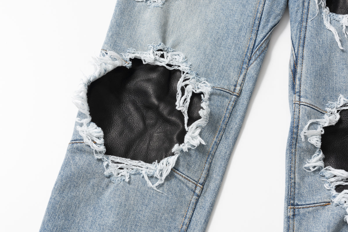LEATHER IN CRASH DENIM PANTS  / レザーインクラッシュデニムパンツ