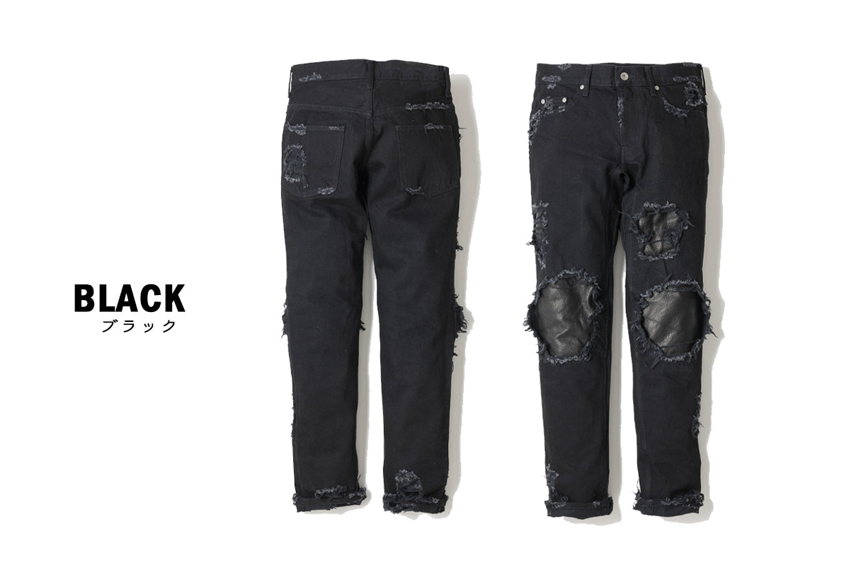 LEATHER IN CRASH DENIM PANTS  / レザーインクラッシュデニムパンツ