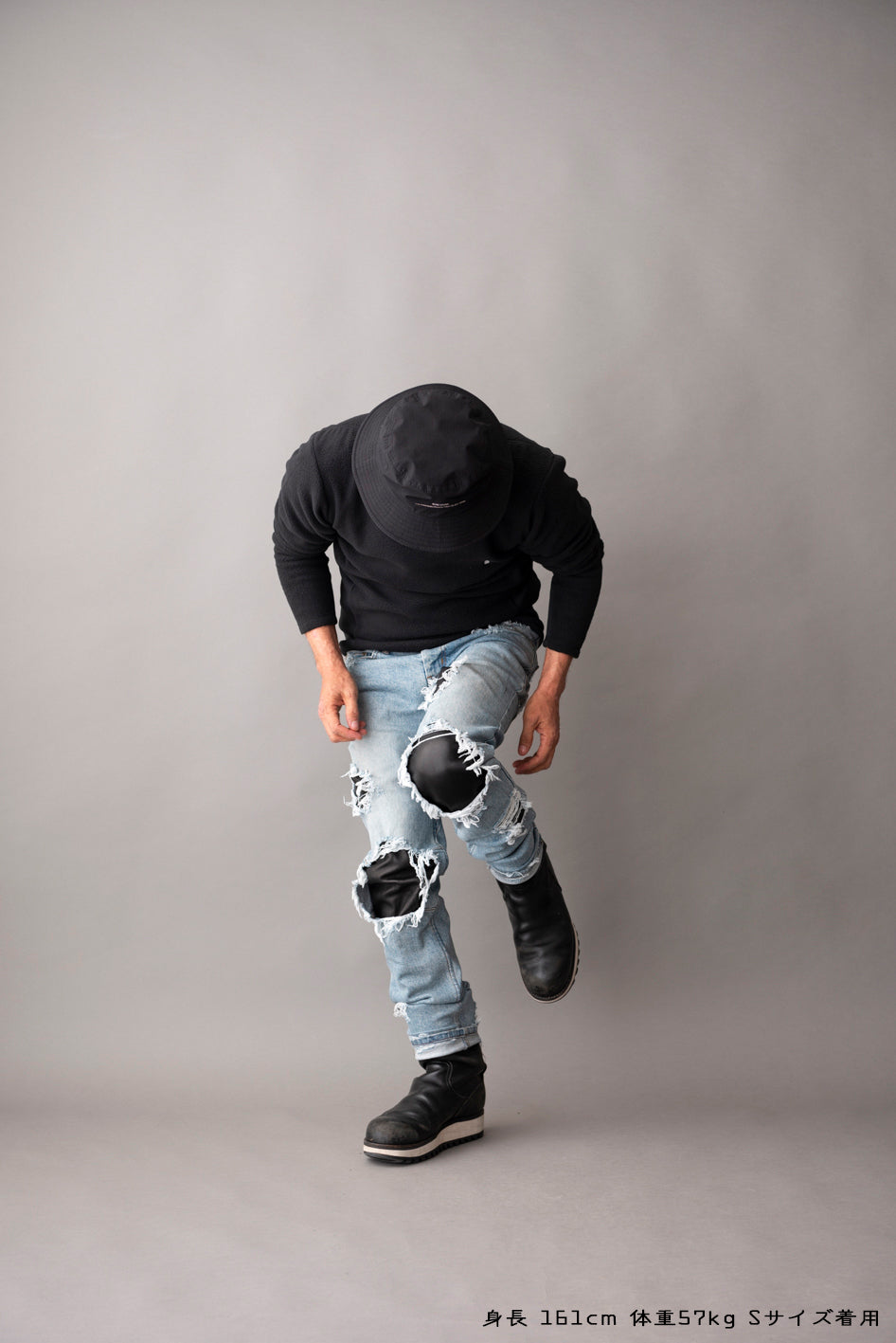 LEATHER IN CRASH DENIM PANTS  / レザーインクラッシュデニムパンツ