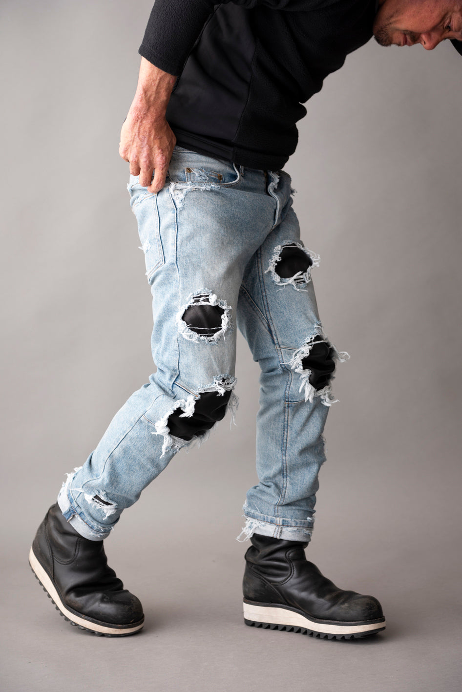 LEATHER IN CRASH DENIM PANTS  / レザーインクラッシュデニムパンツ