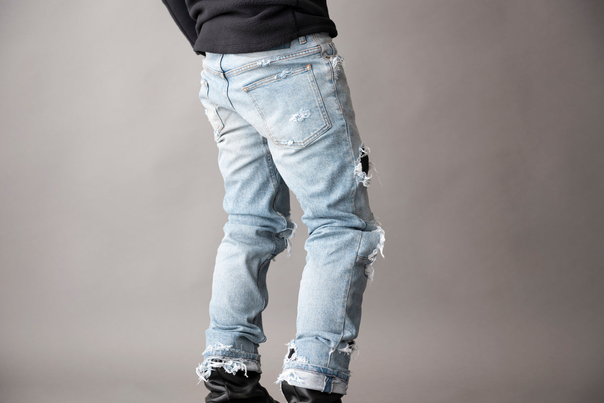 LEATHER IN CRASH DENIM PANTS  / レザーインクラッシュデニムパンツ