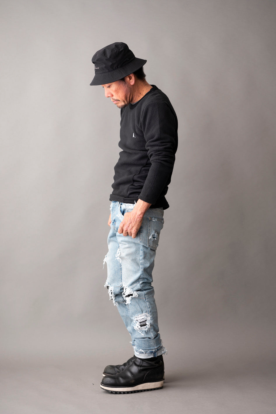 LEATHER IN CRASH DENIM PANTS  / レザーインクラッシュデニムパンツ