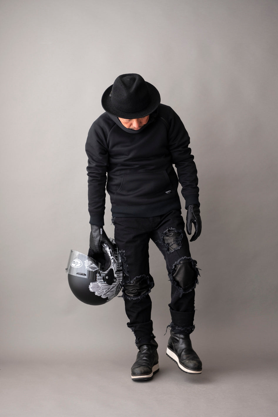 LEATHER IN CRASH DENIM PANTS  / レザーインクラッシュデニムパンツ
