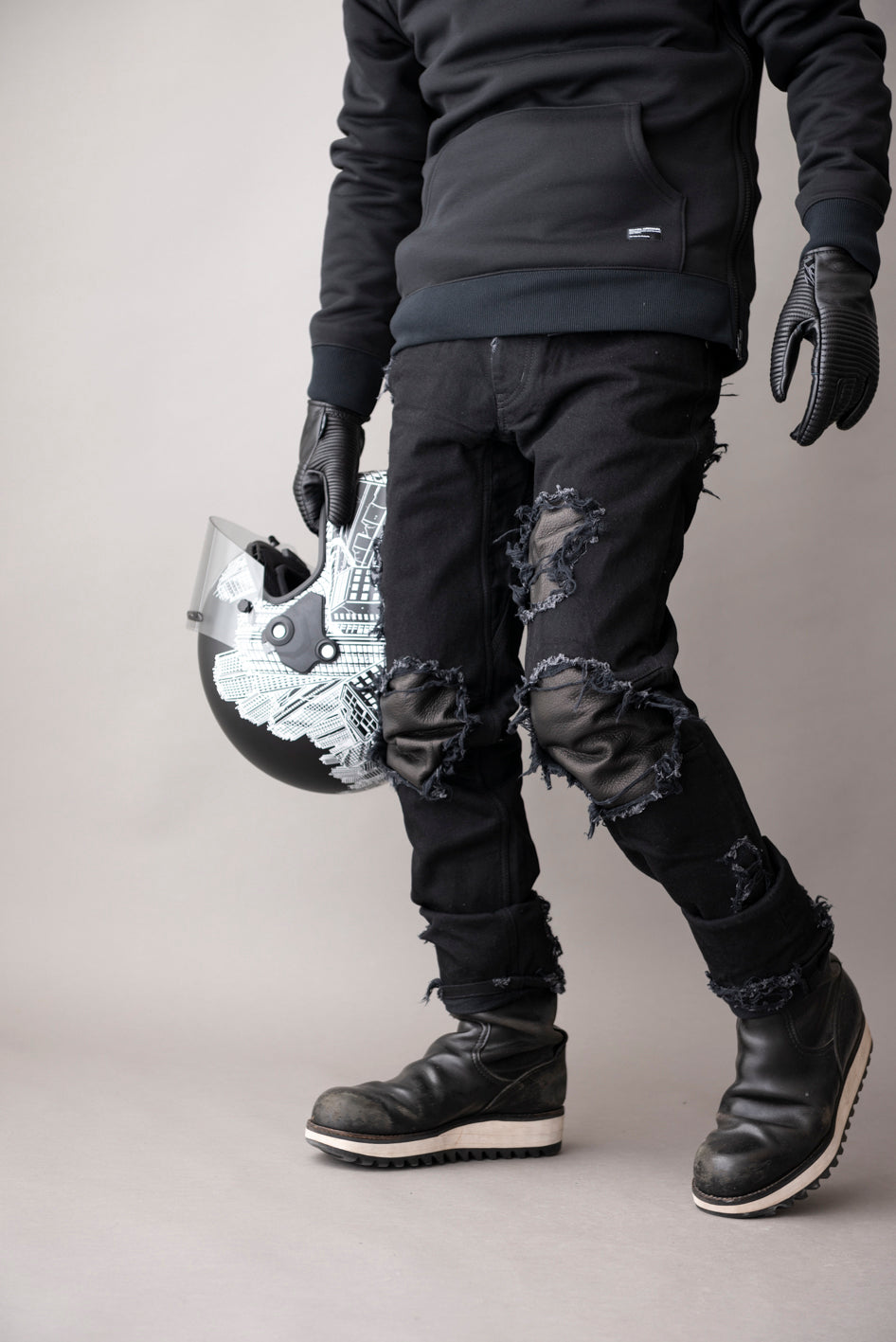 LEATHER IN CRASH DENIM PANTS  / レザーインクラッシュデニムパンツ