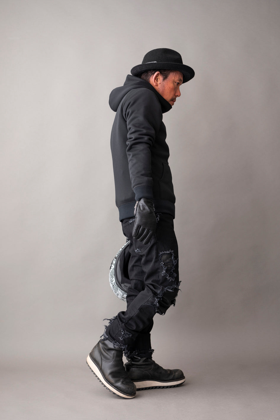 LEATHER IN CRASH DENIM PANTS  / レザーインクラッシュデニムパンツ