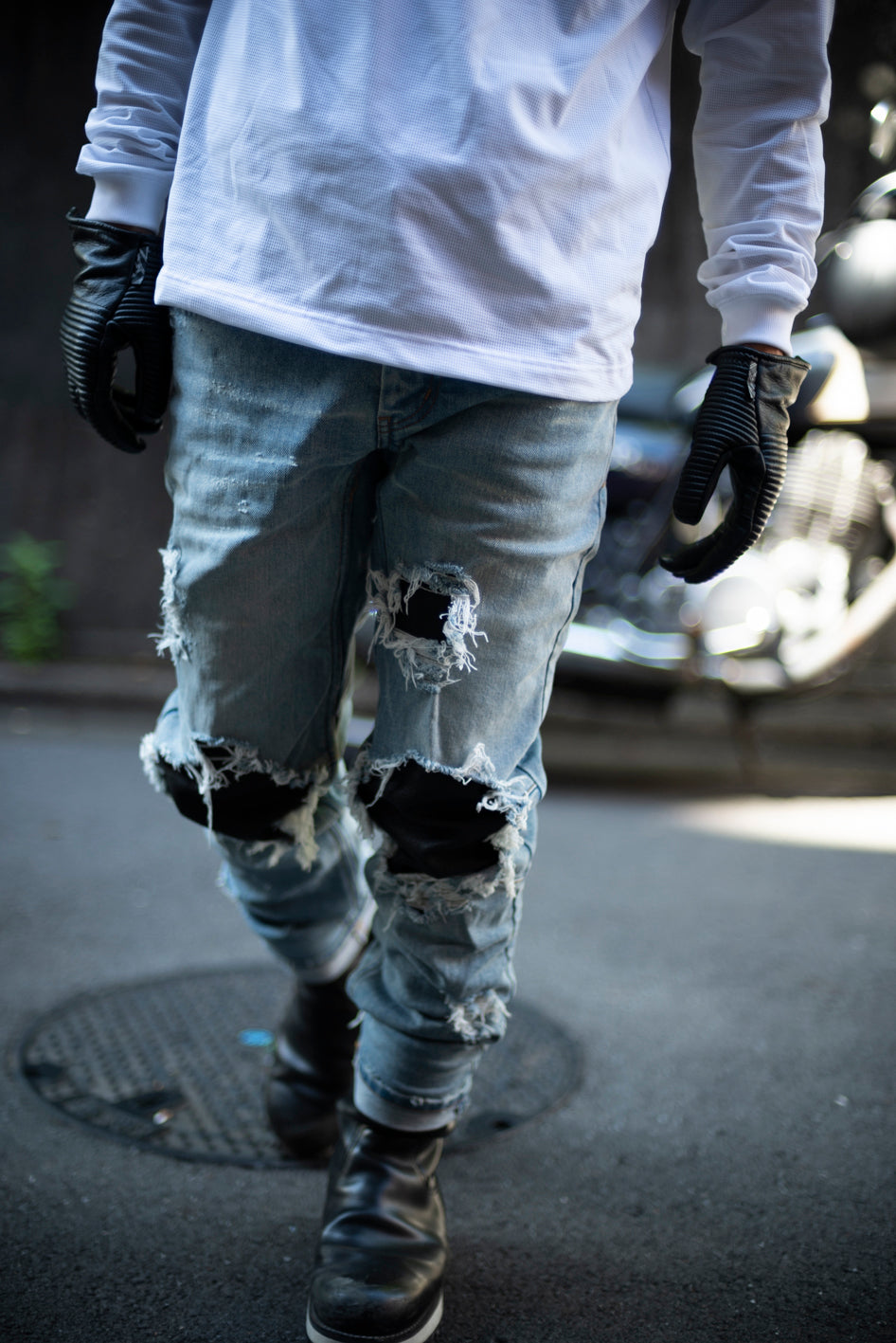 LEATHER IN CRASH DENIM PANTS  / レザーインクラッシュデニムパンツ
