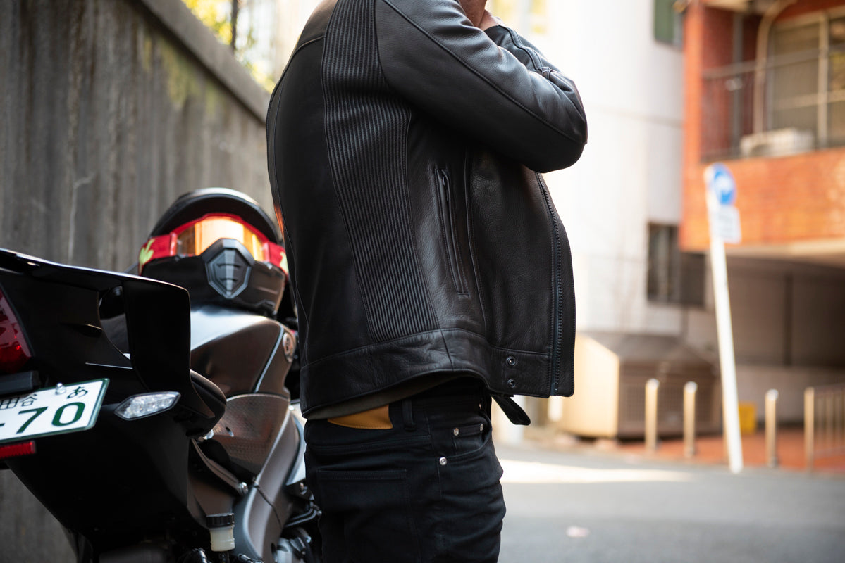 SHIRRING SINGLE RIDERS JACKET PROTECTOR / シャーリングシングルライダースジャケット　プロテクター