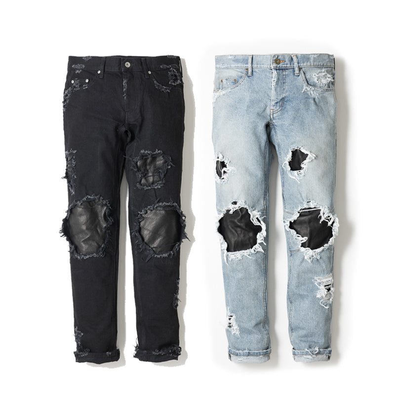LEATHER IN CRASH DENIM PANTS  / レザーインクラッシュデニムパンツ